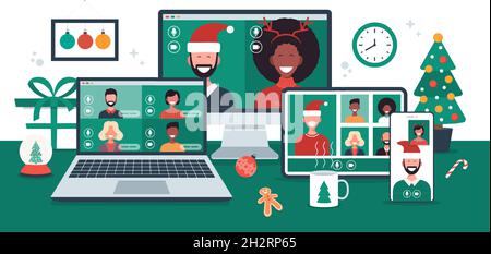 Christmas online greeting. people meeting online together with family friends video calling on laptop, computer, tablet and phone virtual discussion. Stock Vector