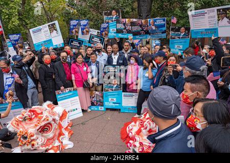 NEW YORK, NY – OCTOBER 23: New York City Democratic mayoral nominee and Brooklyn Borough President Eric Adams speaks at Get Out The Vote rally on the first day of early voting at Chinatown on October 23, 2021 in New York City. Credit: Ron Adar/Alamy Live News Stock Photo