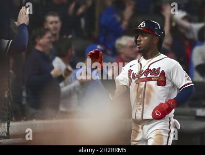 Atlanta Braves' Ozzie Albies watches his three-run home run during the  eighth inning of the team's baseball game against the Philadelphia  Phillies, Saturday, July 24, 2021, in Philadelphia. (AP Photo/Chris Szagola  Stock