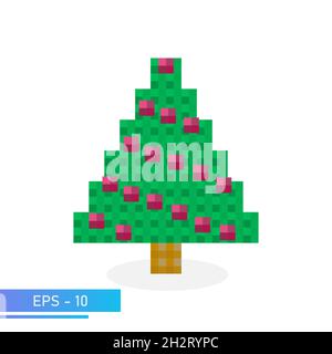 Pixel christmas tree in green color with red toys. Modern illustration. Flat vector illustration. Stock Vector