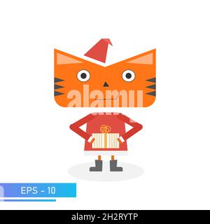 Orange tiger or cat christmas clothes. Symbol of 2022, year of the tiger. Vector illustration isolated on white background. Stock Vector