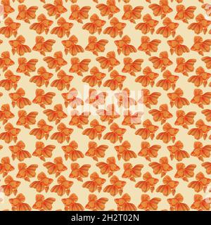 Digital illustration of orange detailed aquarium goldfish seamless pattern on yellow background. High quality illustration Stock Photo