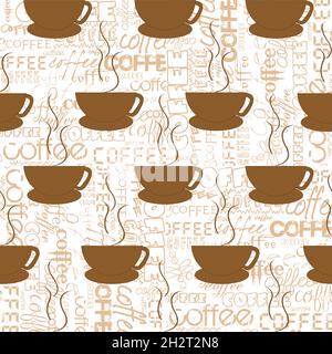 Coffee seamless pattern with cups over coffee lettering background Stock Vector