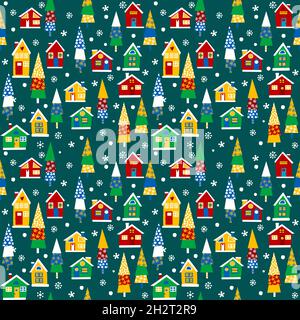 Christmas seamless background with houses and trees Stock Vector