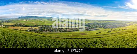 Plateaux viticoles de Brouilly, Morgon, Régnié-Durette et village de Cercié, Beaujolais, France Stock Photo