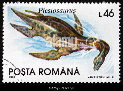 ROMANIA - CIRCA 1993: a stamp printed in Romania shows Plesiosaurus, prehistorical animal, circa 1993 Stock Photo