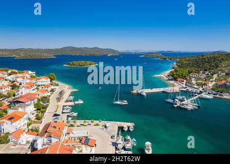 Town of Jezera on the island of Murter, Dalmatia, Croatia, aerial panoramic view Stock Photo