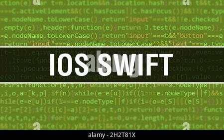 iOS SWIFT concept illustration using code for developing programs and app. iOS SWIFT website code with colourful tags in browser view on dark backgrou Stock Photo