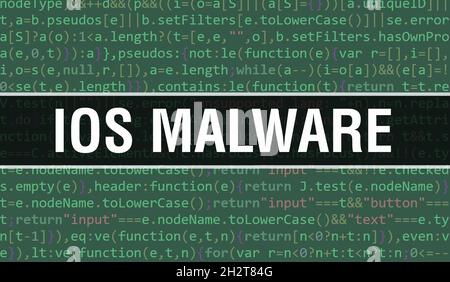 iOS malware concept with Random Parts of Program Code.iOS malware text written on Programming code abstract technology background of software develope Stock Photo
