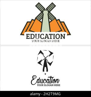 Education windmill pencil and book logo design Stock Vector