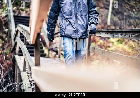 Autumn, winter, or fall walk in forest. Man on a wooden trail, path or bridge. Happy hiker with jacket and jeans enjoying outdoor fun. Stock Photo