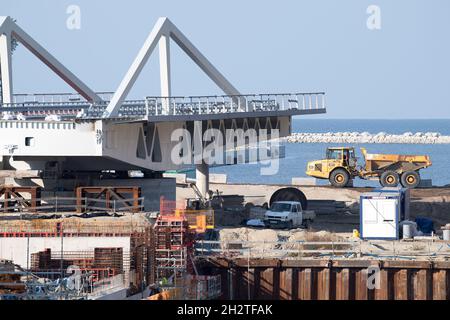 Construction site on the Vistula Spit canal which connect port of Elblag and Vistula Lagoon with Baltic Sea without transit the Russian Strait of Balt Stock Photo