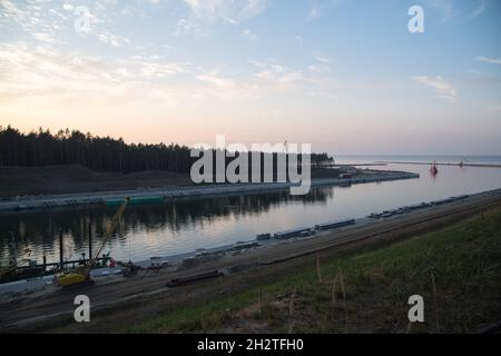 Construction site on the Vistula Spit canal which connect port of Elblag and Vistula Lagoon with Baltic Sea without transit the Russian Strait of Balt Stock Photo