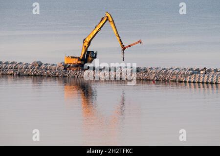 Construction site on the Vistula Spit canal which connect port of Elblag and Vistula Lagoon with Baltic Sea without transit the Russian Strait of Balt Stock Photo