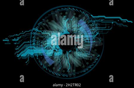 Techno eye with motherboard pattern isolated on black background. Layered EPS10 vector illustration. Template for your infotmation technology design. Stock Vector