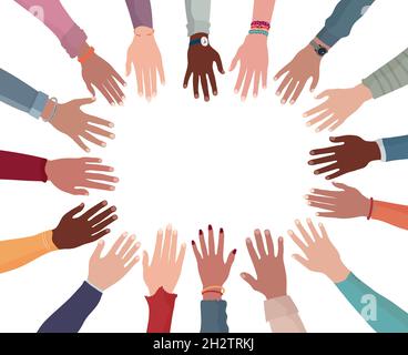 Isolated colorful hands and arms of multicultural people from different nation in circle with copy space. People diversity community. Racial equality. Stock Vector