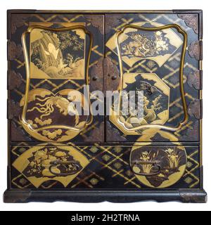 Fine Large Japanese Gilt Lacquered Table Cabinet With Auspicious Creatures. Meiji Period Stock Photo