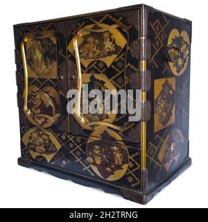 Fine Large Japanese Gilt Lacquered Table Cabinet With Auspicious Creatures. Meiji Period Stock Photo