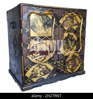 Fine Large Japanese Gilt Lacquered Table Cabinet With Auspicious Creatures. Meiji Period Stock Photo