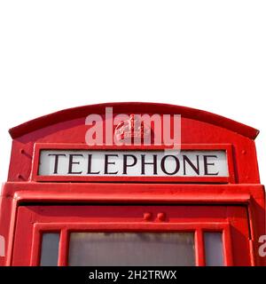 Red telephone booth in London, telephone box close-up isolated on white, copy space Stock Photo