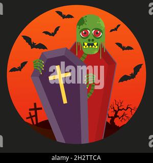 Green zombie with red eyes peeps out from behind a coffin. Stock Vector