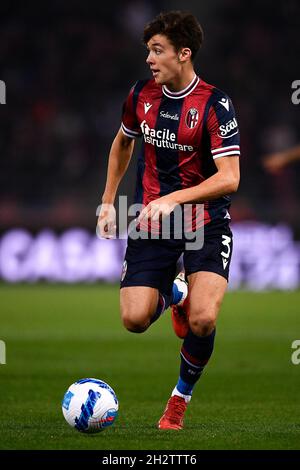 Bologna, Italy. 23 October 2021. Aaron Hickey of Bologna FC in action during the Serie A football match between Bologna FC and AC Milan. Credit: Nicolò Campo/Alamy Live News Stock Photo