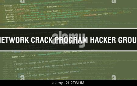 Network Crack Program Hacker Group concept with Random Parts of Program Code.Network Crack Program Hacker Group text written on Programming code abstr Stock Photo