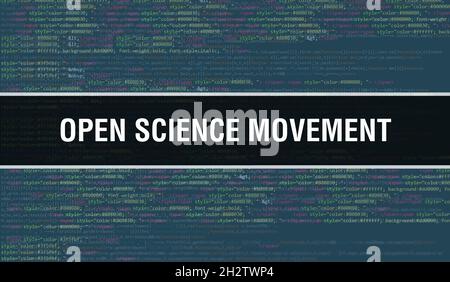 Open science movement concept with Random Parts of Program Code.Open science movement text written on Programming code abstract technology background Stock Photo