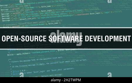 OPEN-SOURCE SOFTWARE DEVELOPMENT concept illustration using code for developing programs and app. OPEN-SOURCE SOFTWARE DEVELOPMENT website code with c Stock Photo
