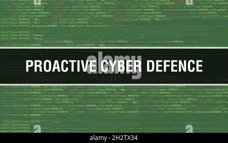 Proactive cyber defence concept with Random Parts of Program Code.Proactive cyber defence text written on Programming code abstract technology backgro Stock Photo