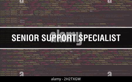 Senior Support Specialist concept with Random Parts of Program Code.Senior Support Specialist text written on Programming code abstract technology bac Stock Photo