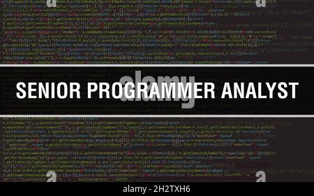 Senior Programmer Analyst concept with Random Parts of Program Code. Senior Programmer Analyst with Programming code abstract technology background of Stock Photo