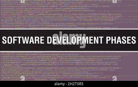 Software development phases concept with Random Parts of Program Code. Software development phases with Programming code abstract technology backgroun Stock Photo