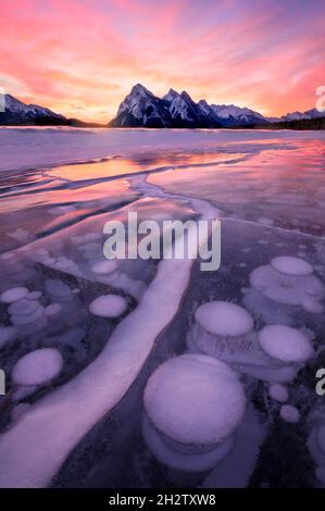 Stunning sunrise with trapped frozen methane bubbles within ice surface, Lake Abraham, Alberta. Winter storm in Canada. Stock Photo