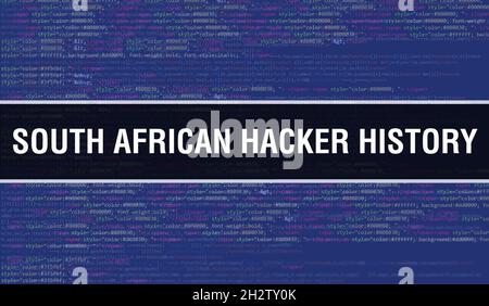 South African hacker history concept with Random Parts of Program Code.South African hacker history text written on Programming code abstract technolo Stock Photo