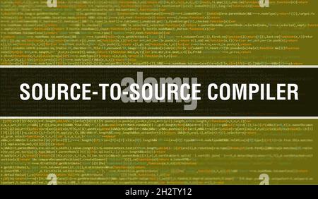 Source-to-source compiler with Binary code digital technology background. Abstract background with program code and Source-to-source compiler. Program Stock Photo