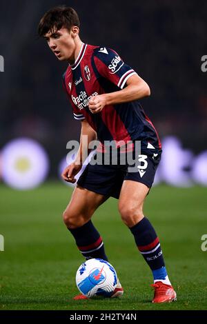 Bologna, Italy. 23 October 2021. Aaron Hickey of Bologna FC in action during the Serie A football match between Bologna FC and AC Milan. Credit: Nicolò Campo/Alamy Live News Stock Photo