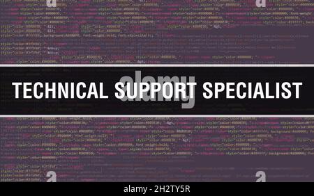 Technical Support Specialist concept with Random Parts of Program Code.Technical Support Specialist text written on Programming code abstract technolo Stock Photo
