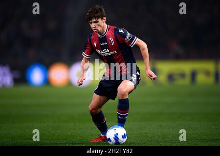 Bologna, Italy. 23 October 2021. Aaron Hickey of Bologna FC in action during the Serie A football match between Bologna FC and AC Milan. Credit: Nicolò Campo/Alamy Live News Stock Photo