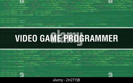Video game programmer concept with Random Parts of Program Code.Video game programmer text written on Programming code abstract technology background Stock Photo