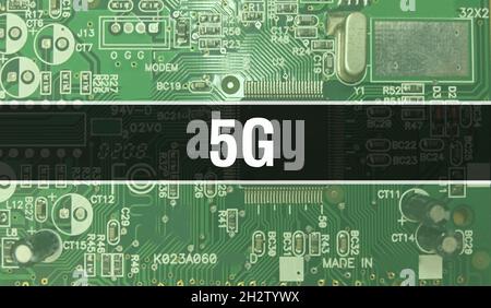 5G concept with Computer motherboard. 5G text written on Technology Motherboard Digital technology background. 5G with printed circuit board and Chip Stock Photo