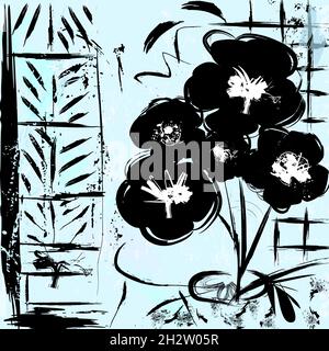 abstract background, illustration with flowers in black, paint strokes and splashes, Stock Vector