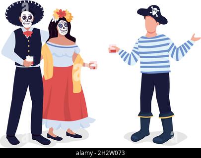 Friends in Halloween costumes semi flat color vector characters Stock Vector