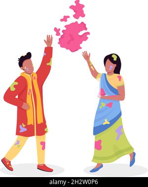 Couple celebrating Holi semi flat color vector characters Stock Vector