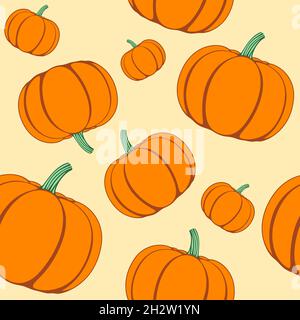 Flat style orange color pumpkins seamless vector pattern. Stock Vector