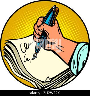 writer hand with an ink fountain pen. Writing a text Stock Vector