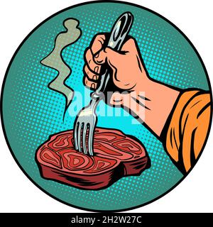 a fork in a meat steak. The finished dish. rustic food Stock Vector