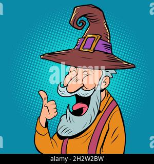 an old man in a halloween hat with a gray beard laughs. Positive elderly senor Stock Vector