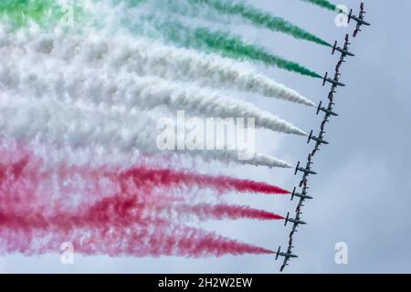 Radom, Poland - August 25, 2018: Radom Air Show - Frecce Tricolori italian air force display team in Aermacchi MB-339 with smoke on Stock Photo