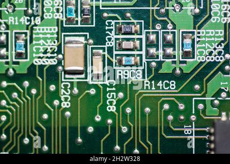 oktober 2021. Close up of the different circuits on a computer mother board. High quality photo. Macro. Stock Photo